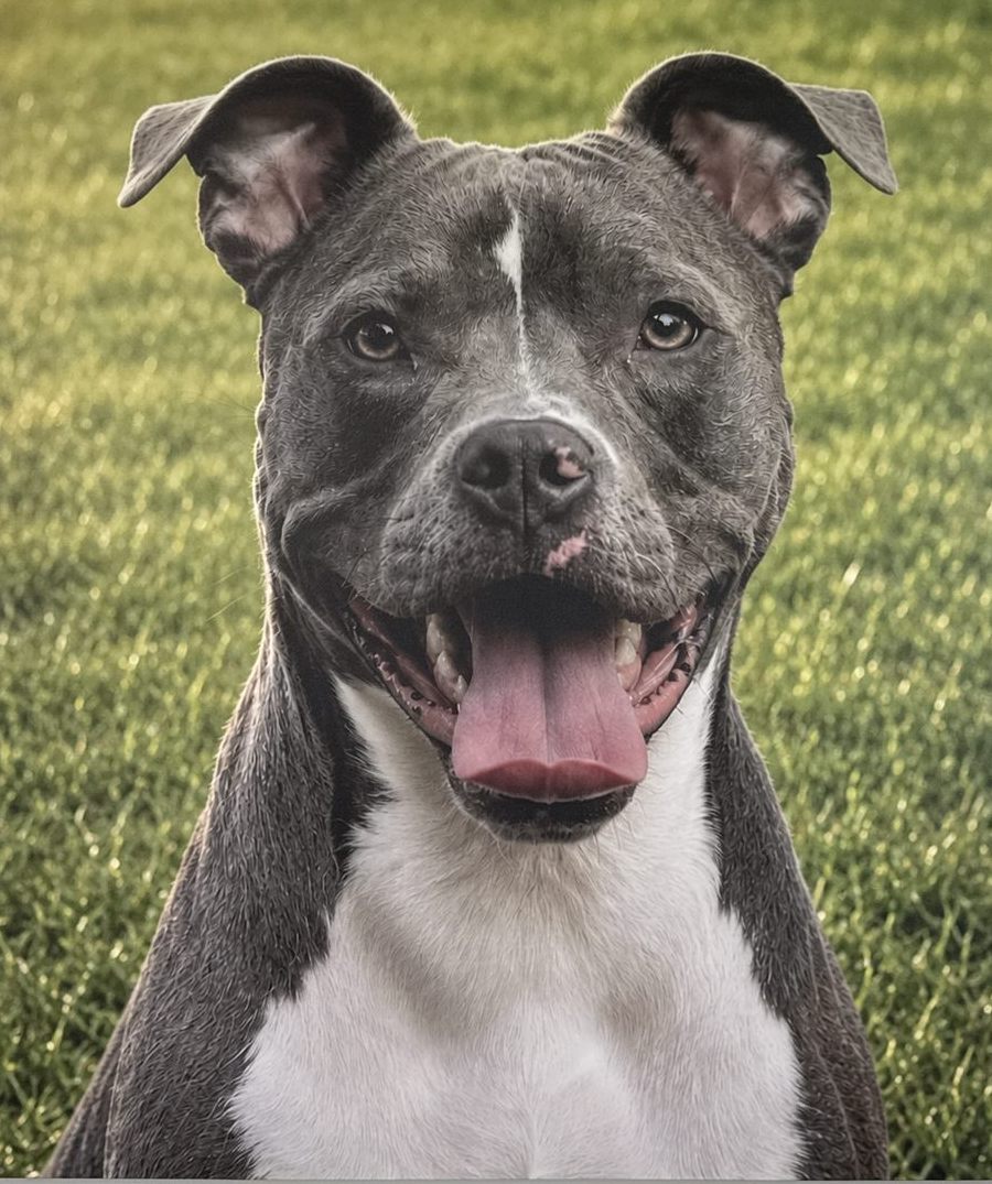 Chloe, the gray and white pit bull the shop is named after, smiling in the grass on a canvas that hangs in the shop