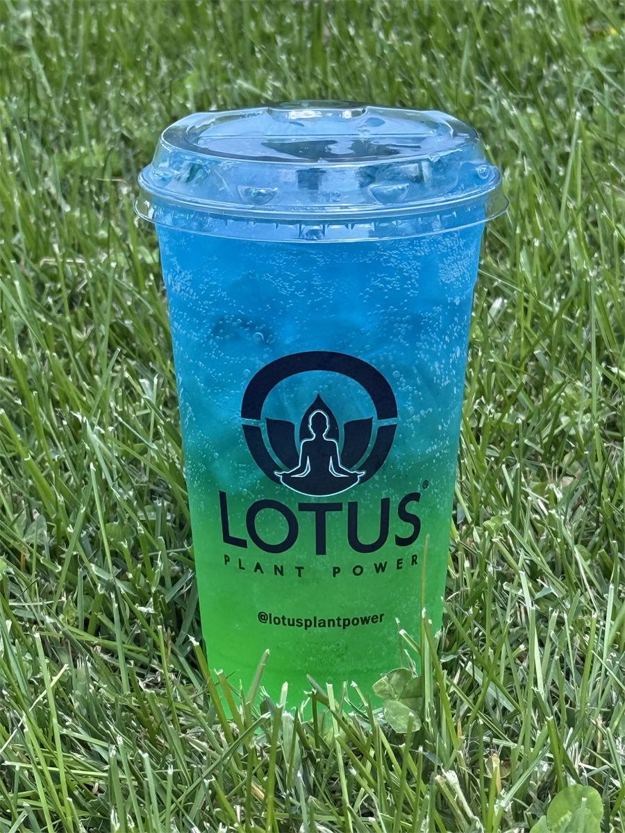 A blue and green Lotus Plant Power energy drink sitting in the grass