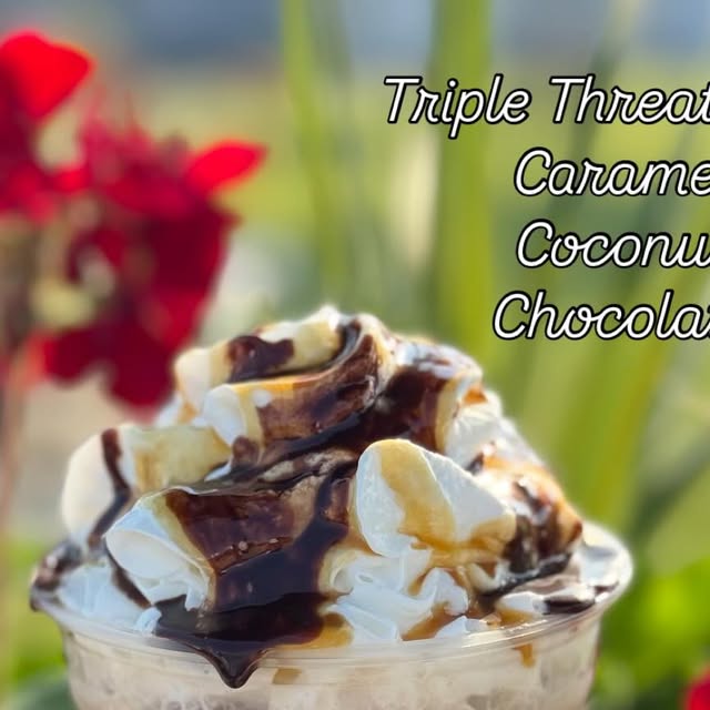 The Triple Threat latte from Chloe's Pit Stop, an iced drink layered with caramel, coconut, and chocolate